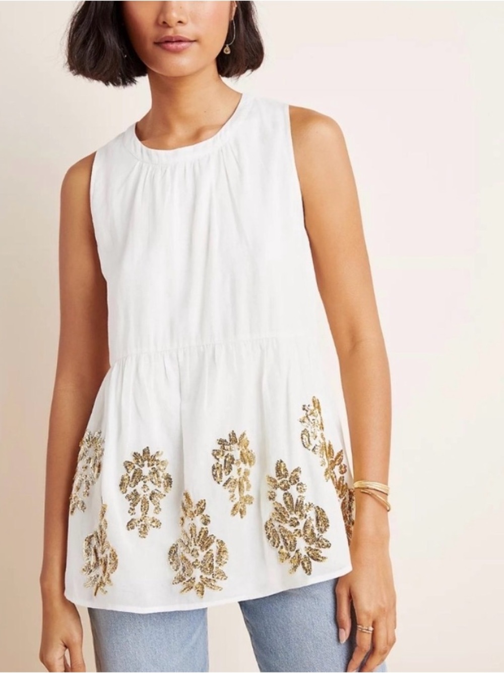 Anthropologie - Maeve Simona Babydoll Top NWT Cream Gold Sequins M